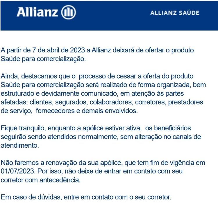 Comunicado da Allianz enviado aos clientes - Reprodução - Reprodução